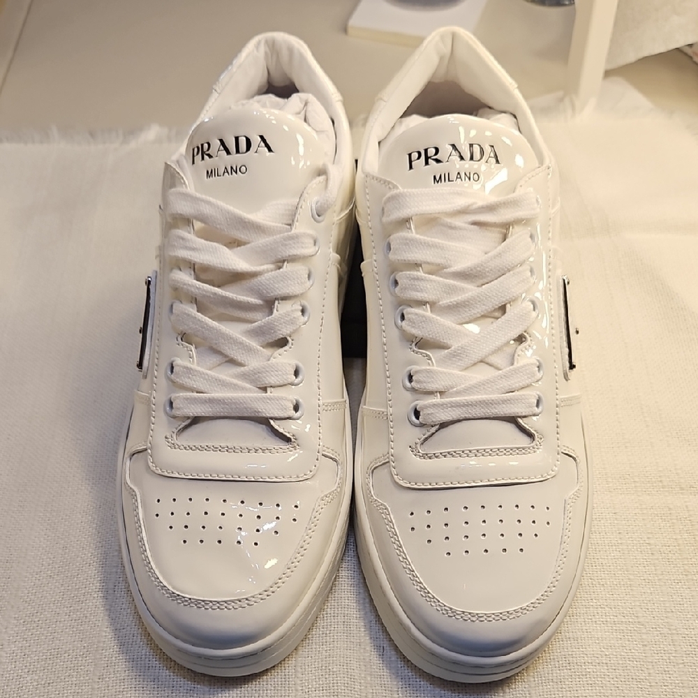 Prada Downtown Patent Leather Sneakers - White